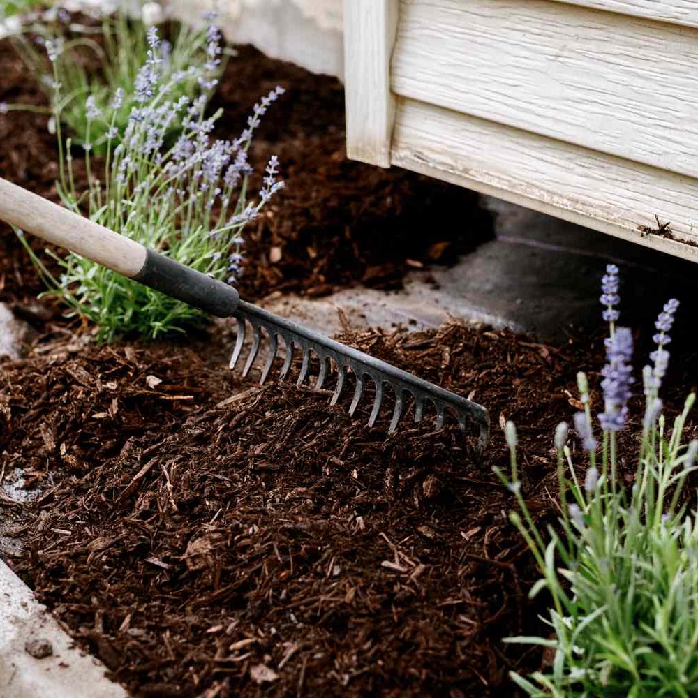 Fresh mulch raked into a garden bed
